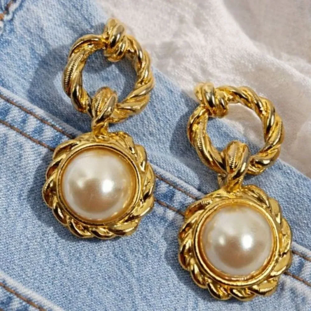 Vintage Anne Klein Gold Rope Twist Pearl Drop Dangle Earrings Statement 1980s